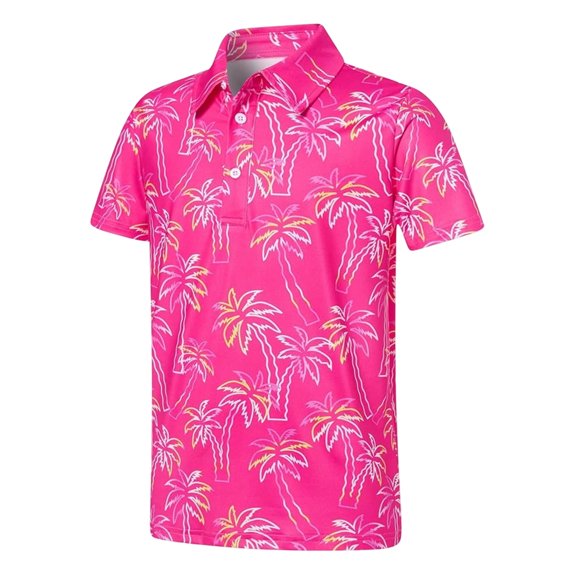 FYDUU Boys Polo Shirt Hawaiian Printed Short Sleeve Collared Golf Shirts Comfortable Breathable Active Polo Shirts for Kids Casual Tops 13-14 Years