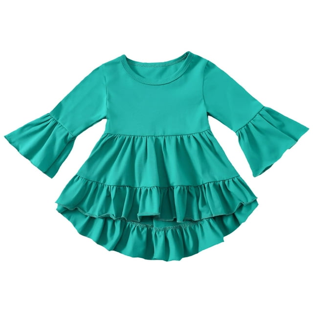 Et Chandail de Base Uni à Col Rond pour Tout-Petit avec Manches Trompette, devant Court et Dos Long, Blouse Élégante avec Bords à Volants
