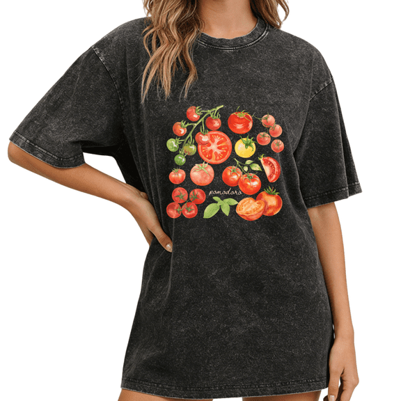 Black Washed Colorful Tomato Collage Print Tshirt Graphic Tees Shirts S-2XL Farmer Gardener Gift Tops
