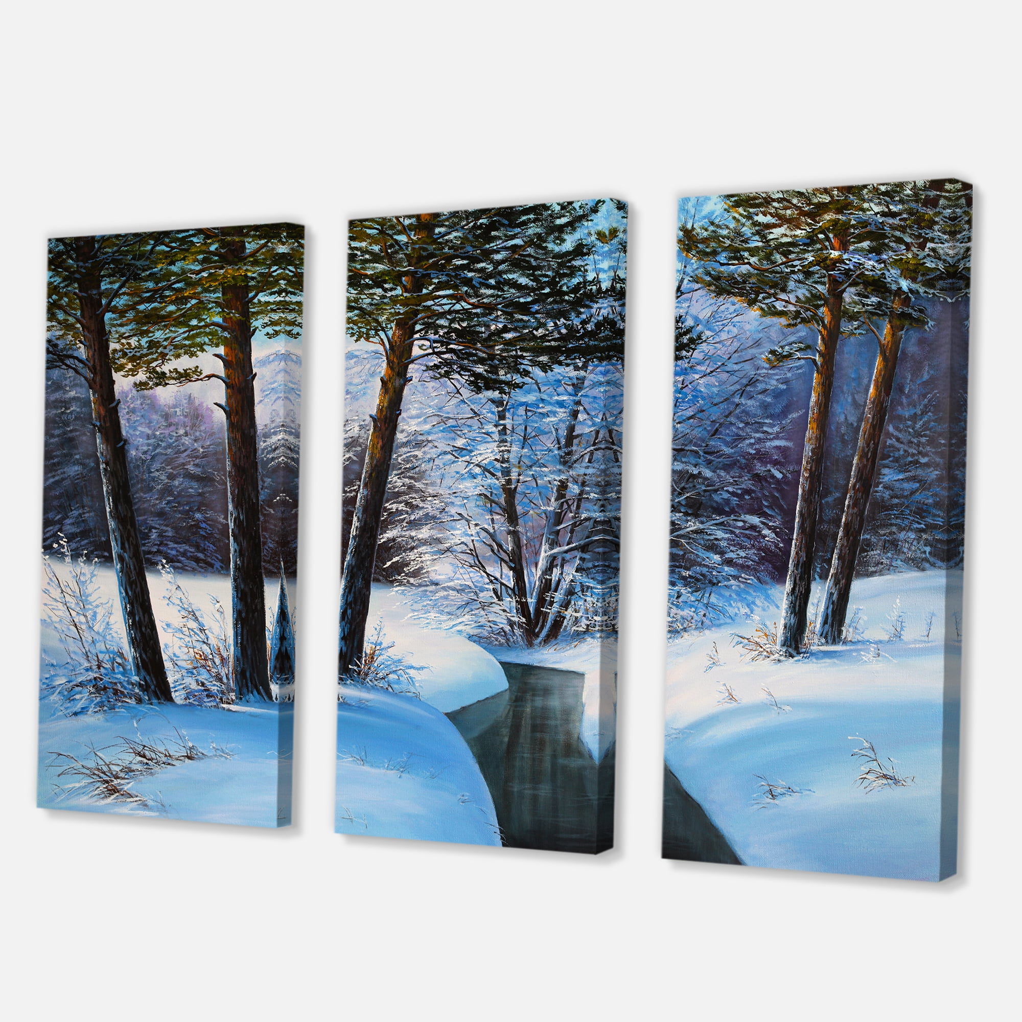 Designart ' Christmas Forest With Trees and River III ' Traditional Canvas Wall Art Print