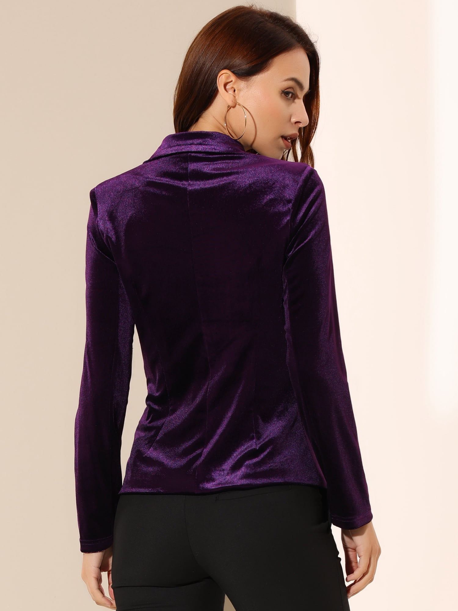 DARING DIVA Women's Notched Lapel Button Front Office Velvet Blazer XS Purple
