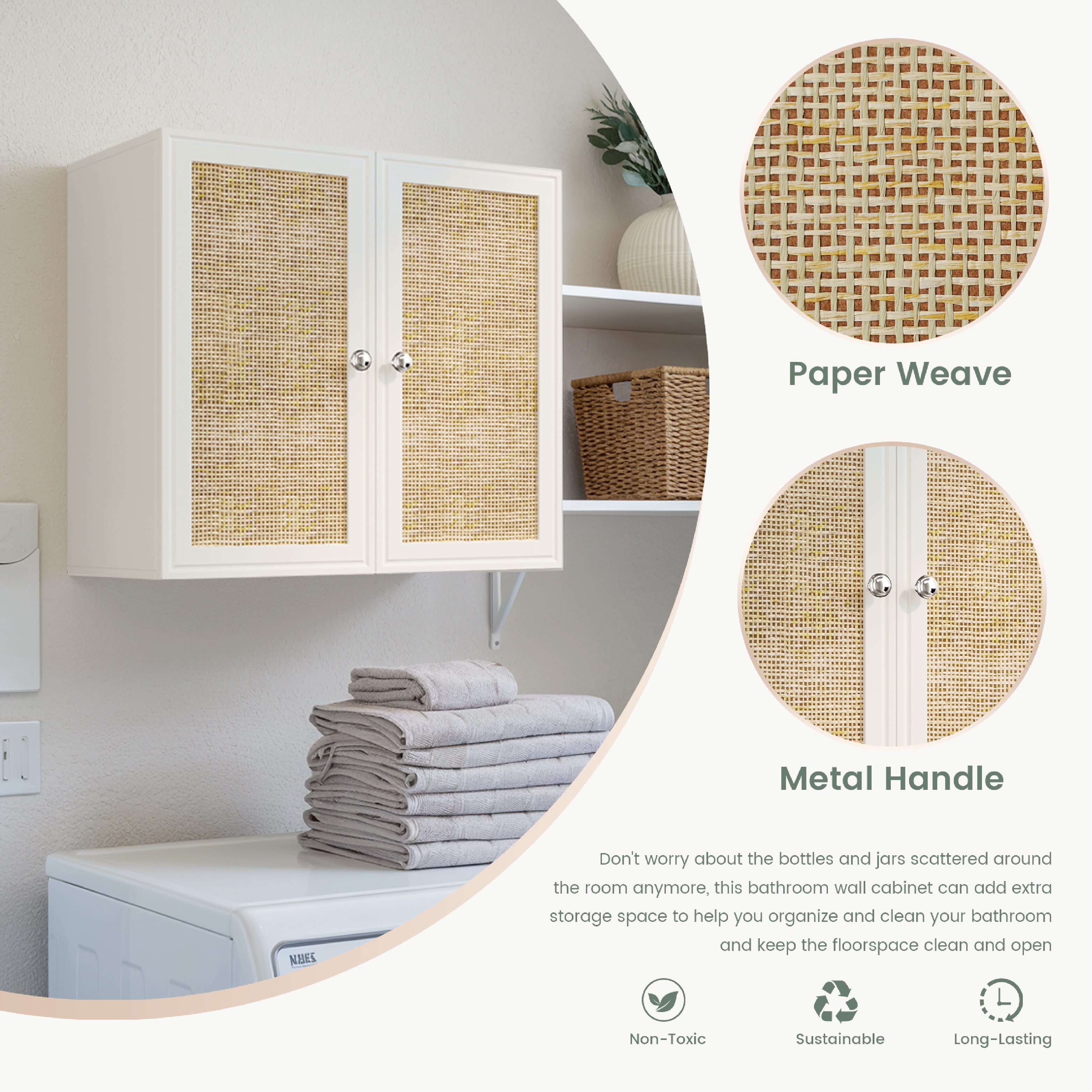 24"W Rattan Laundry Room Cabinets with Lights, Bathroom Cabinets Wall Mounted with Adjustable Shelves, Wall Cabinet for Bedroom/Kitchen/Bathroom (2PCS, White)