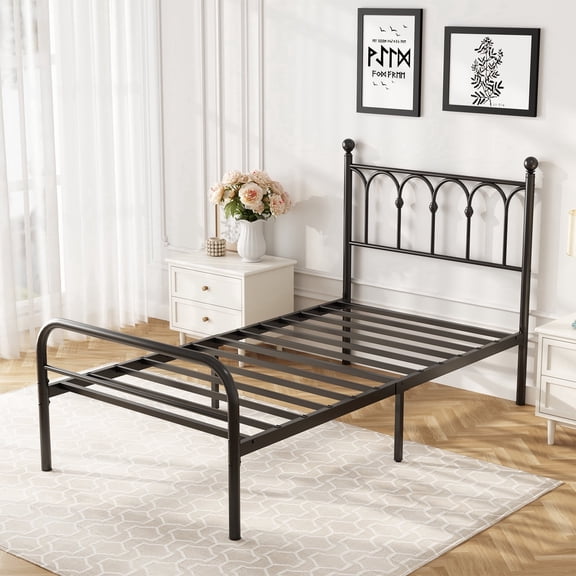 Twin Bed Frames with Headboard, Upholstered Platform Bed with Wood Slats 800 lbs Support , Noise Free, No Box Spring Needed, Dark Grey