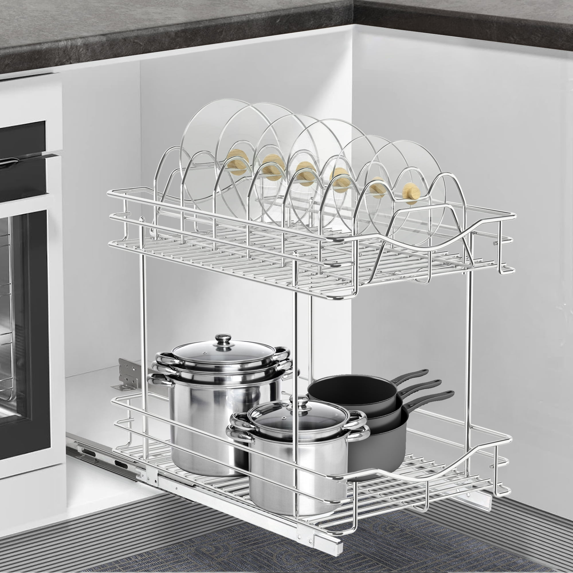 FULGENTE Pull Out Cabinet Pots and Pans Organizer 11" W x 18" D 2 Tier Wire Basket for Lid Cookware Drawer Slide Out Kitchen Cupboard Organization Shelves Shelf for Pantry Roll Out Storage