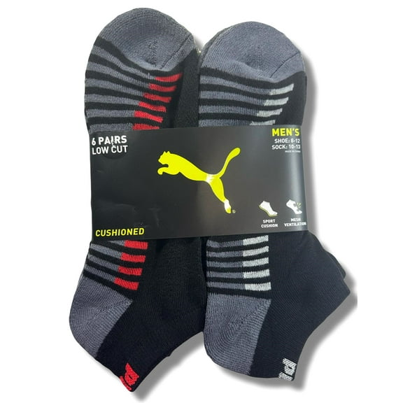 PUMA SOCKS MEN'S - LOW CUT - BLISS 253 - BLACK RED - LARGE (10-13)- PACK 6 XX