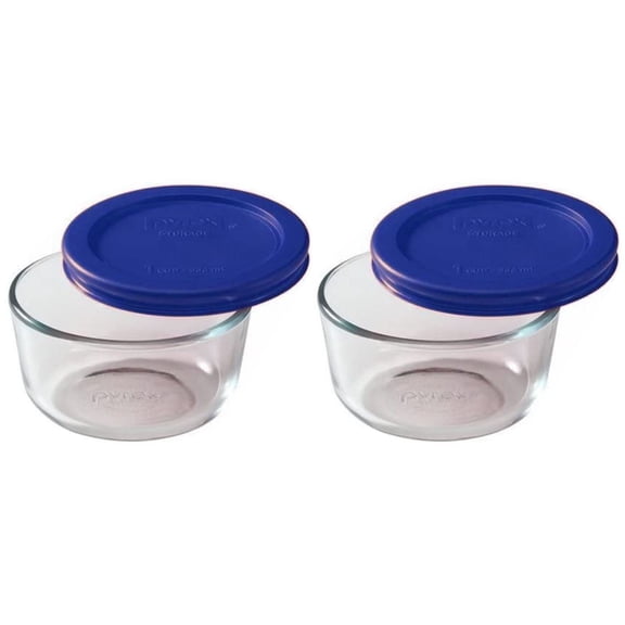 Pyrex 7202 1-Cup Clear Round Glass Food Storage Bowl and 7202-PC Cadet Blue Lid (2-Pack)