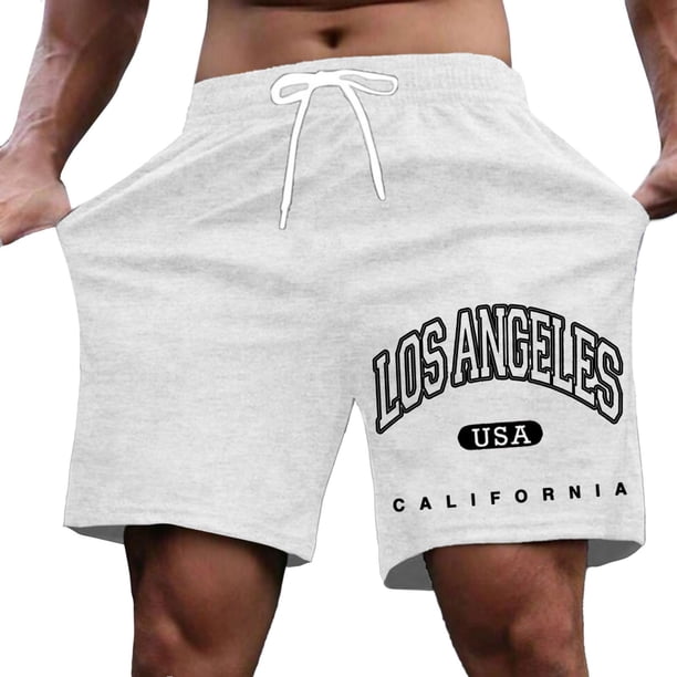 Pantalones cortos casuales con estampado de letras estilo urbano para hombre, ligeramente elásticos, de poliéster