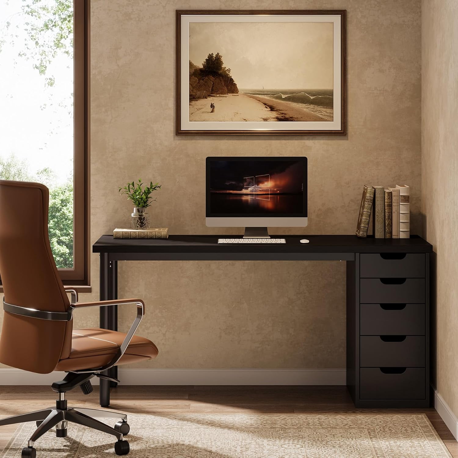 Modern Simple Computer Desk, 47 Inches PC Desk with 5 Reversible Drawers