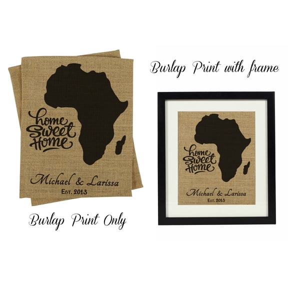 Darling Souvenir Home Sweet Home Burlap Print Wall Decor Africa Map Personalized Housewarming Gift-Burlap Print Only(8 x 10 Inches)