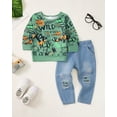 thumbnail image 2 of 12 Months Baby Boys Clothes 18 Months Boys 2PCS Fall Winter Outfits Set Letter Print Round Neck Toddler Boys Long Sleeve Top Denim Pants Set Green, 2 of 8
