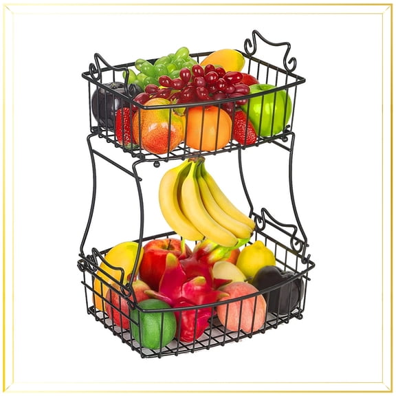 Auledio 2-Tier Oval Metal Fruit Vegetable Basket with Banana Hanger, Decorative Bowl for Kitchen Countertop, Black