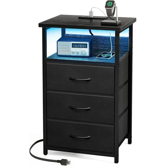 Nightstand with charging station, LED nightstand with USB port and socket, black