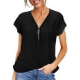 thumbnail image 4 of LAVA Women V Neck Summer Tops Business Casual Zipper Shirts Short Sleeve Blouses (Black, XL), 4 of 9