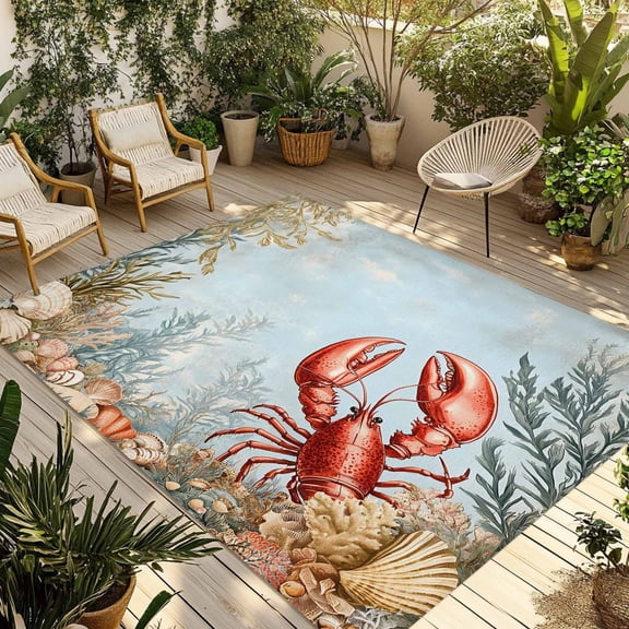 Fsddascl Blue Beach Coastal Outdoor Rug for Patio/Deck/Porch, Non-Slip Large Area Rug 4 x 6 Ft, Beach Coral Shell Nautical Lobster Indoor Outdoor Rugs Washable Area Rugs, Camping Rug Carpet