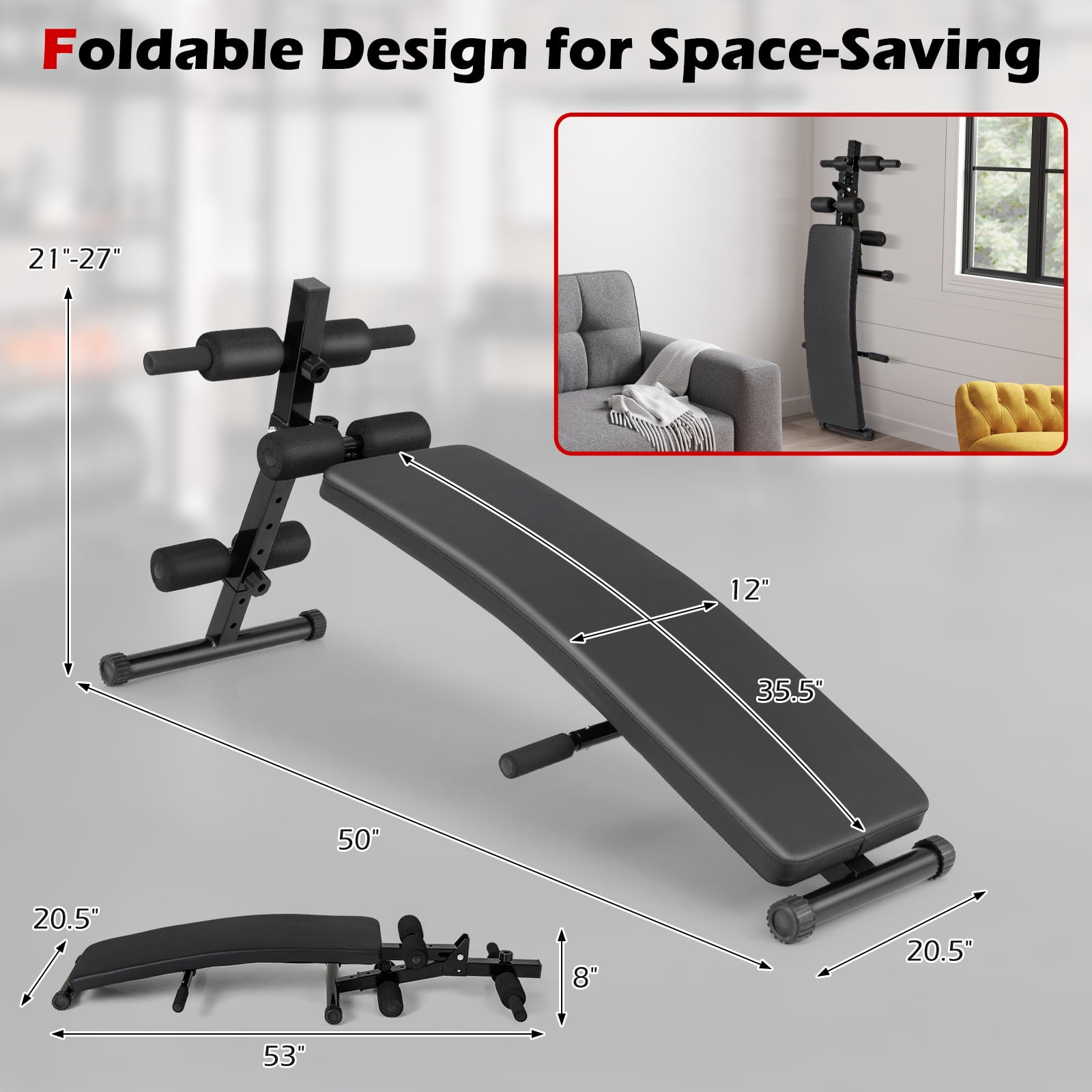 Topbuy Adjustable Decline Sit-Up Bench for Home Gym Foldable Workout Bench with Thick Seat Cushion for Full Body Exercise