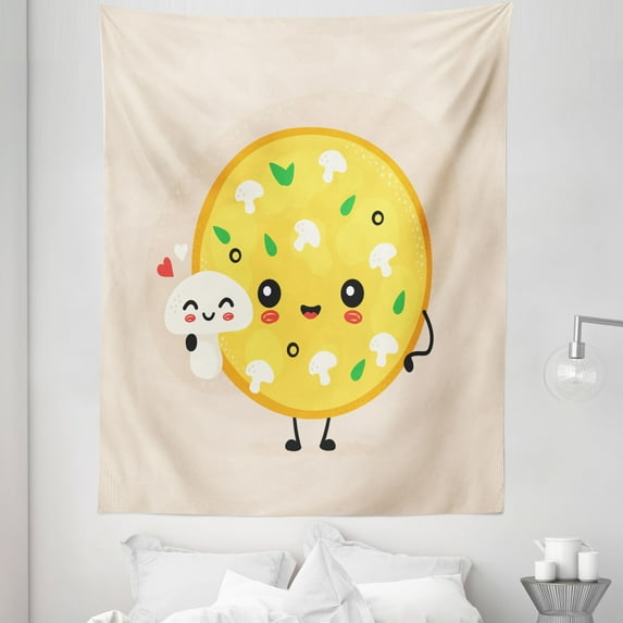 Pizza Tapestry, Happy Kawaii Mushroom and Basil Topping Food Art Funny Meal Dish, Fabric Wall Hanging Decor for Bedroom Living Room Dorm, 5 Sizes, Champagne Mustard and Green, by Ambesonne