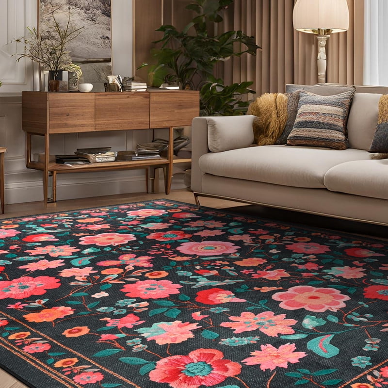GUUCHA 9'x12'Area Rugs for Living Room Floral Print Rug Floor Carpet for Bedroom,Black/Red