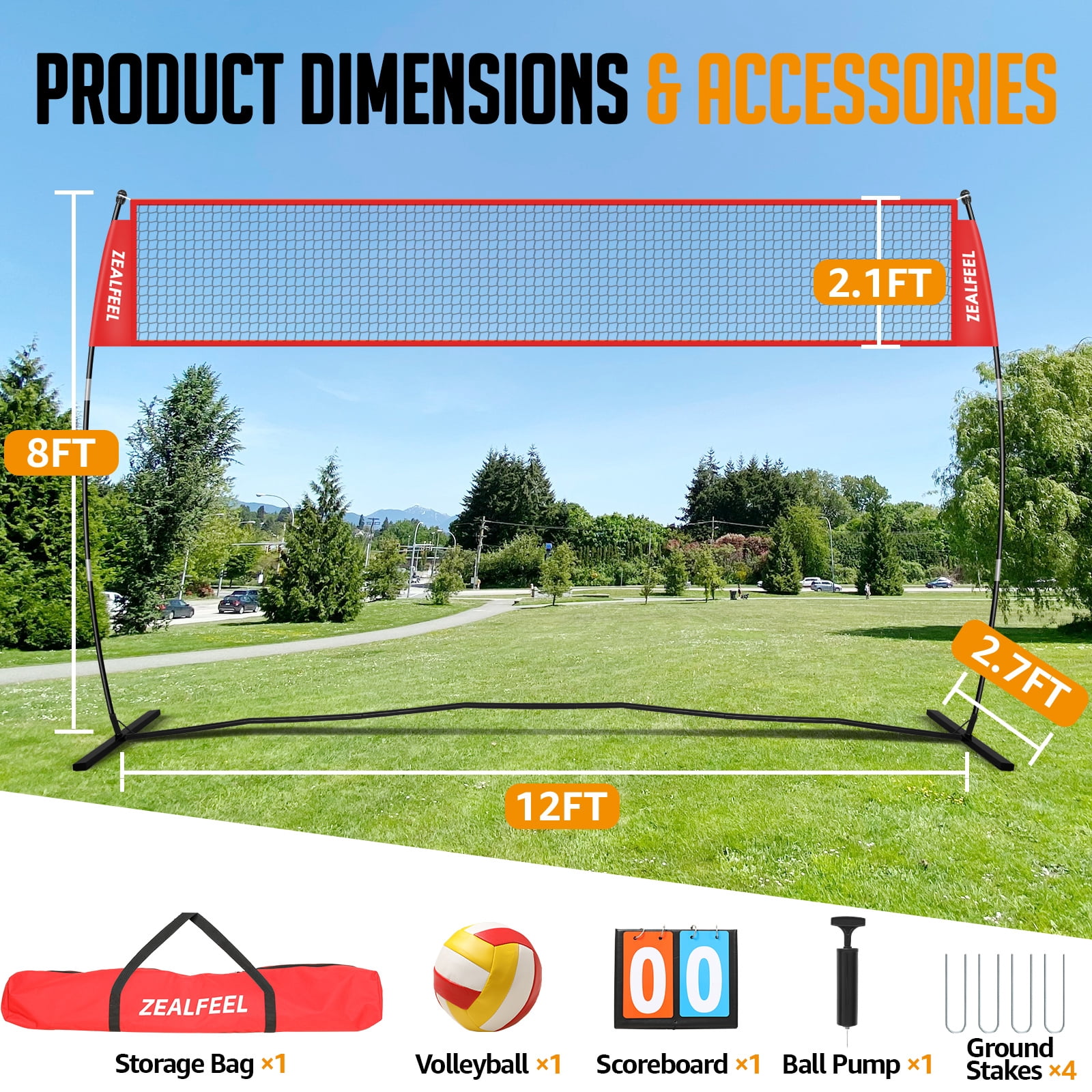 Zealfeel 12ft Volleyball Net Set: Height Adjustable Freestanding Training Net for Backyard & Outdoor Use. Includes All Accessories and Carry Bag