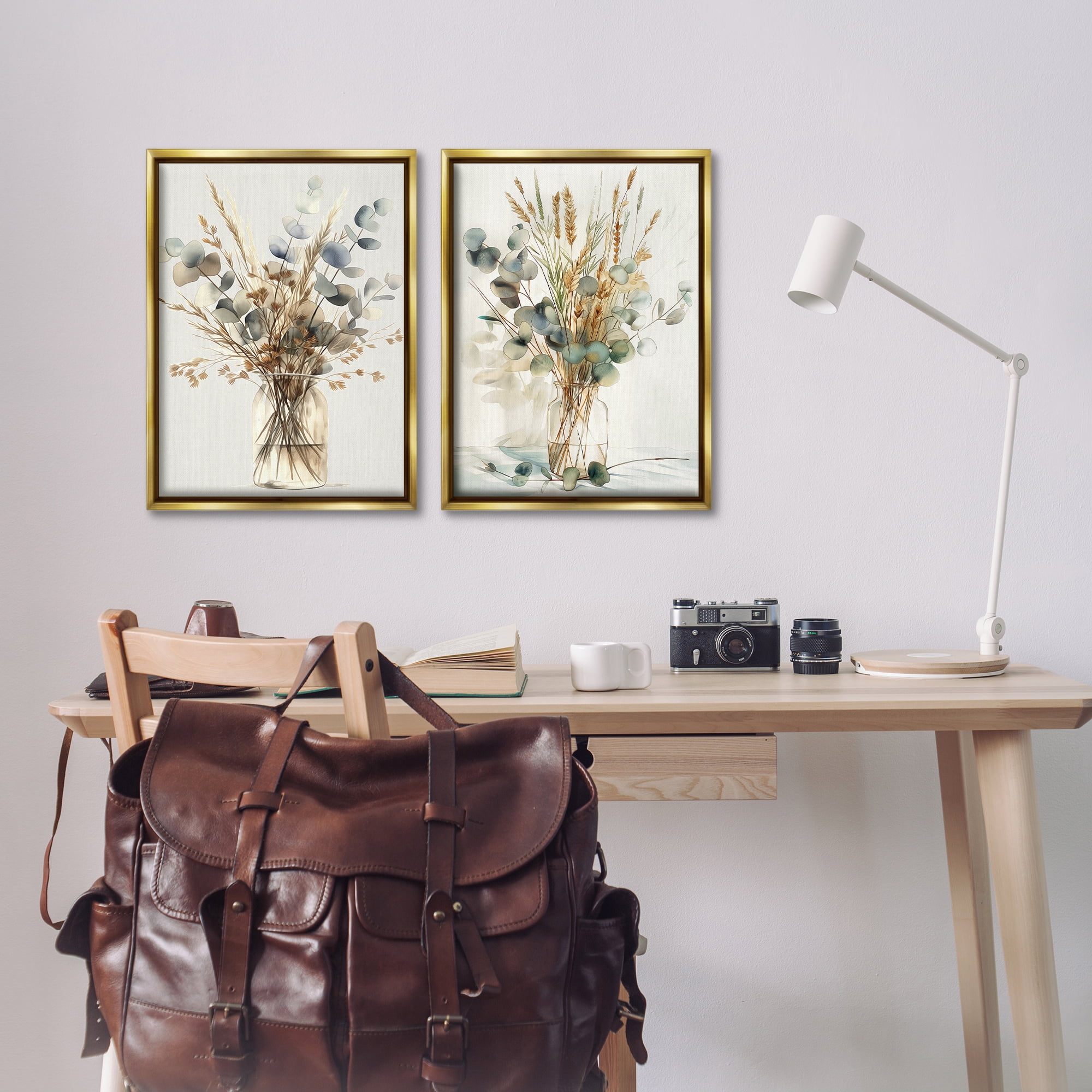 Stupell Industries Eucalyptus Jar Bouquets Plants & Flowers Painting Gold Floater Framed Canvas Art Print Wall Art, 17 x 25, Set of 2