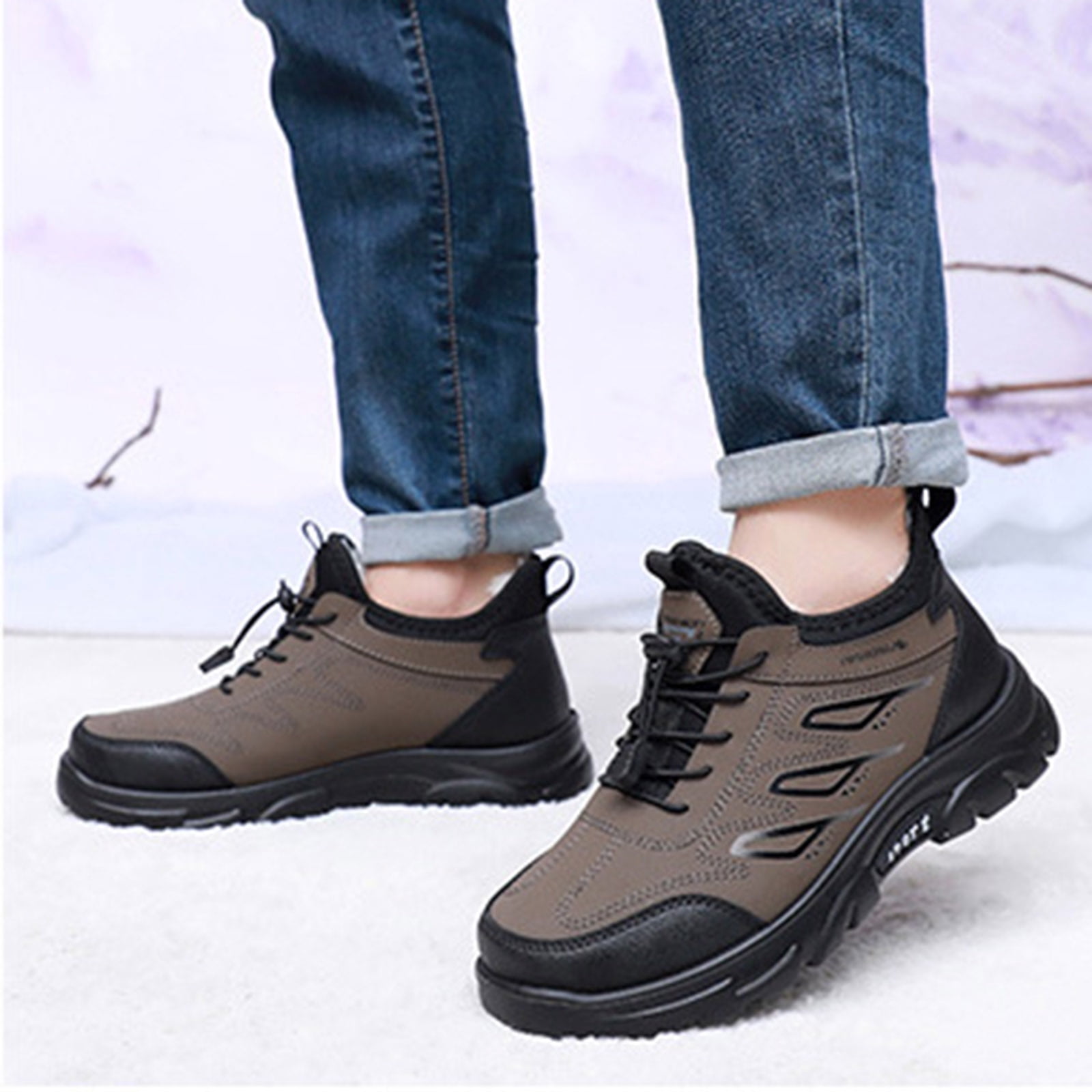 Snow Boots for Men Thickened Warm Comfy Furry Lined Winter Hiking Shoes Adjustable Strappy Fashion Waterproof Leather Outdoor Sneakers Coffee Size 9