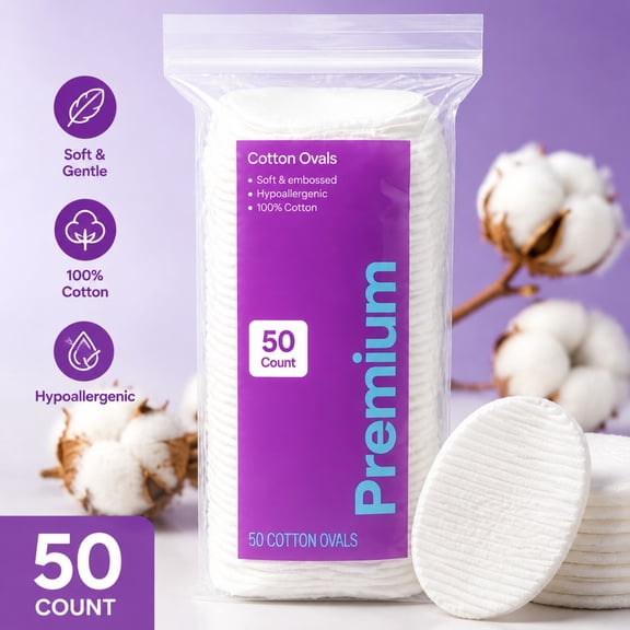 50‑Count Premium Oval Cotton Pads, Soft Absorbent Disposable Cotton Ovals for Makeup Removal, Toner Application & Skincare