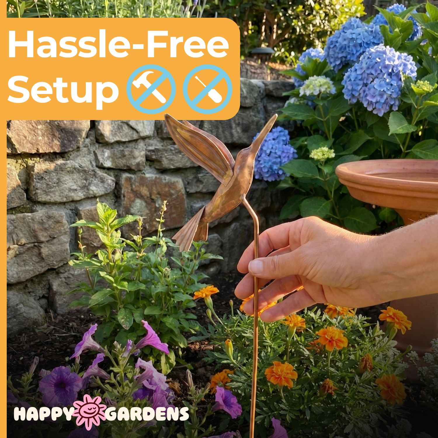 Happy Gardens Metal Hummingbird Decorative Stake (30” Tall - Flamed Finish)  Large Outdoor Yard Art, and Outside Decor