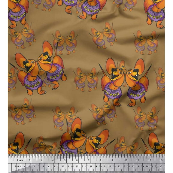 Soimoi Brown Cotton Voile Fabric Pitbull Cartoon Decor Fabric Printed BTY 42 Inch Wide