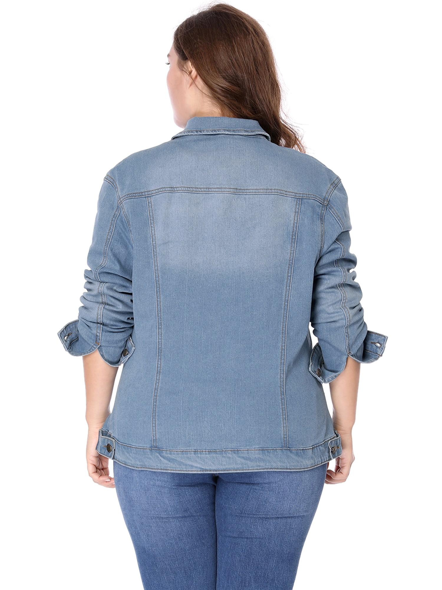 Women Plus Size Stitching Button Front Washed Denim Jacket Light Blue 3X | Walmart Canada