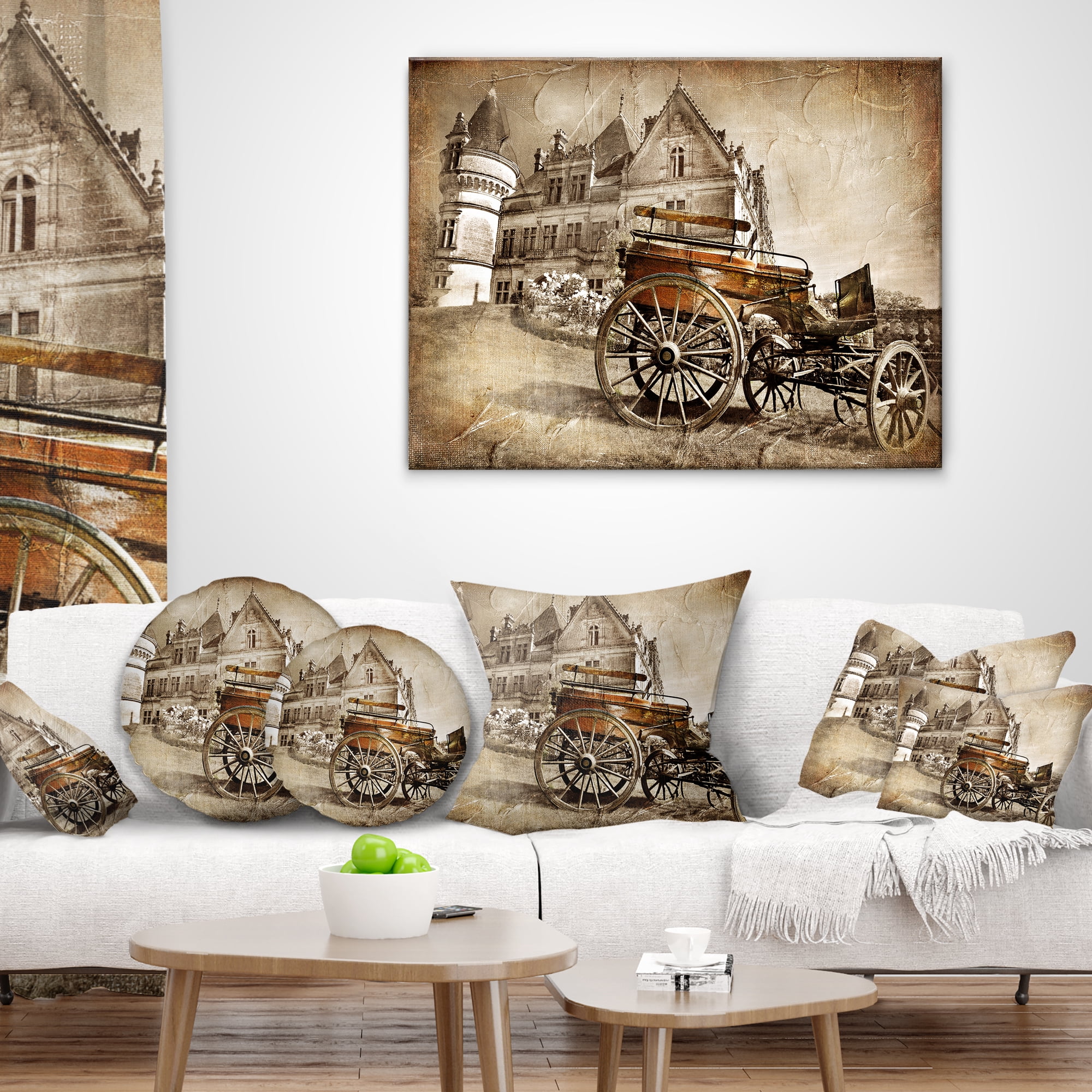 Designart Medieval Castle with Carriage - Contemporary Throw Pillow - 16x16
