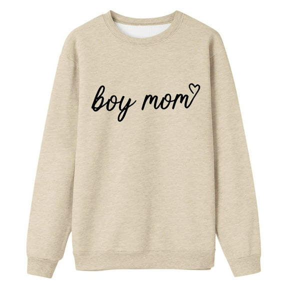 Tiweut Boy Mom Sweatshirt Women Boy Mom Heart Graphic Shirt Mom Life Sweater Casual Trendy Crewneck Pullover Tops,Beige,L
