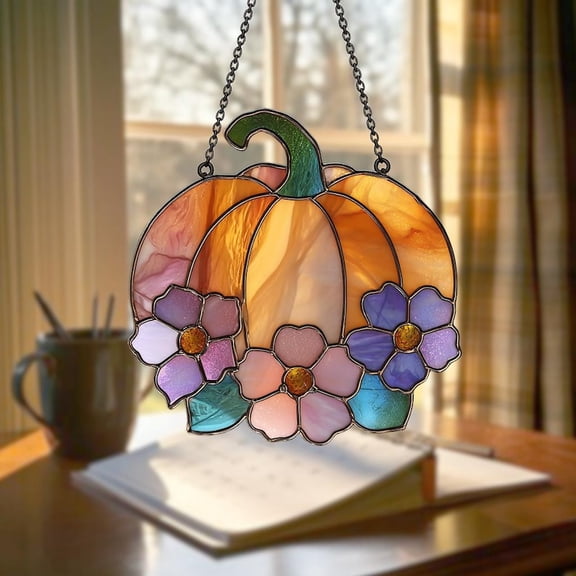 Floral Pumpkin Stained Glass Pattern, Floral Pumpkin Suncatcher, Stained Glass Beautiful Pumpkin, Handmade Pattern, Fall Decor, Wall Art