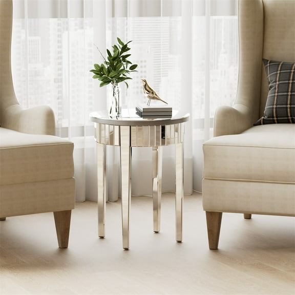 23.62" Modern Round Silver Mirrored Side Table Bedside Accent Table Silver-plated Glass