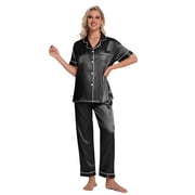 DAKIMOE Silk Satin Pajamas Set for Women Two-Piece Short Sleeve Shirt with Long Pajama Pant Set Soft Button Down Loungewear Nightwear Pjs Sleepwear for Women