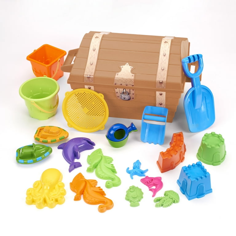 Play Day Treasure Chest with 20-Piece Sand Toys, Brown
