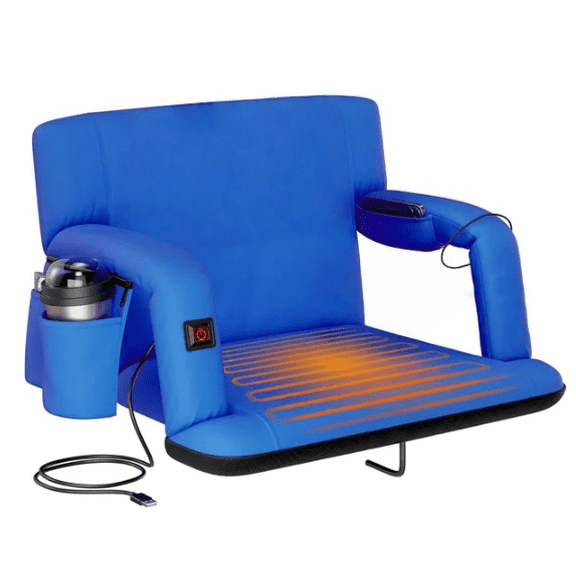 Heated Reclining Stadium Seat for Bleachers with Back Support, 6 Reclining Positions Waterproof 600D Polyester Portable Heated Outdoor Chair with Pockets & Carry Straps for Sports Camping