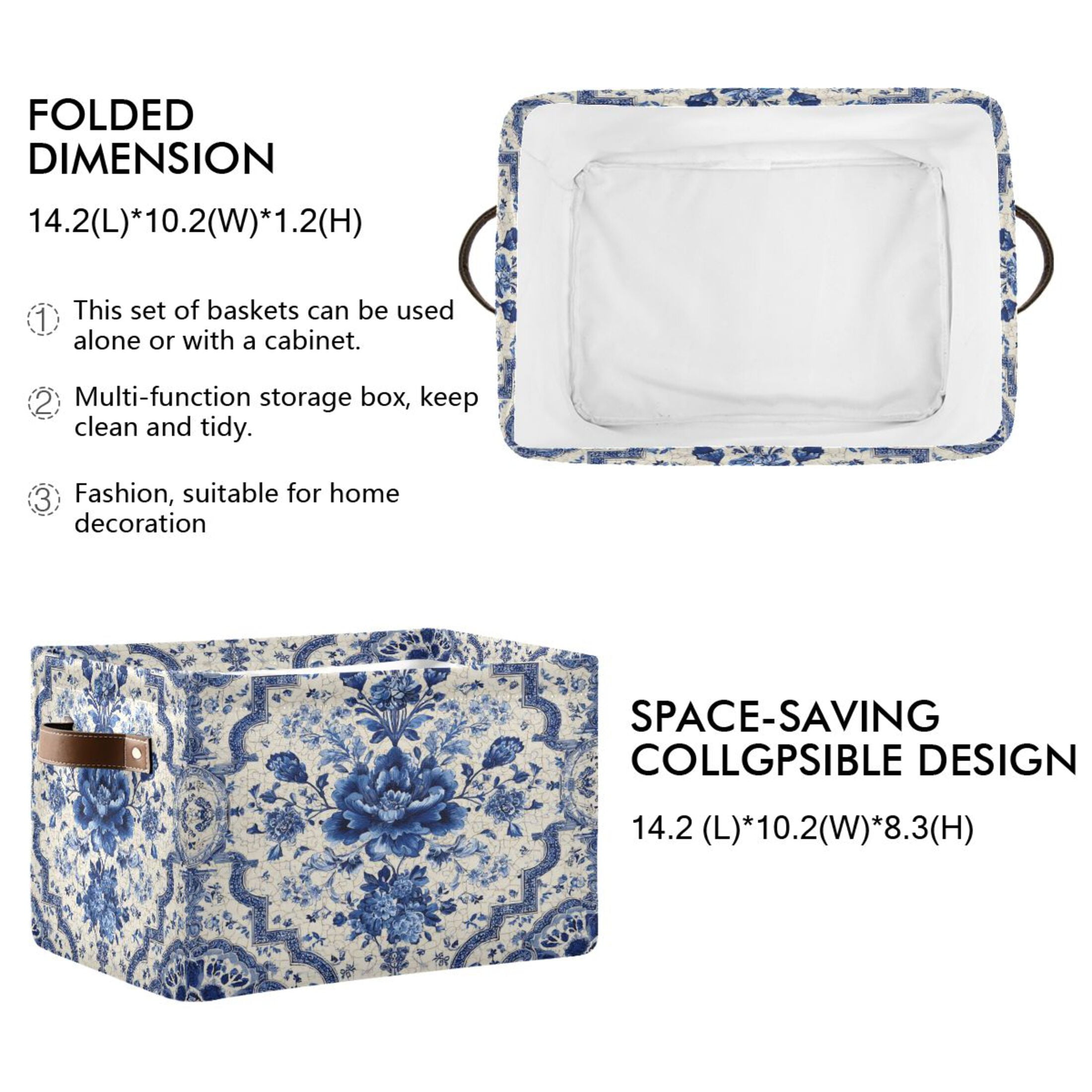 Foldable Storage Basket,Canvas Fabric Foldable Storage Bins with Handles Open Home Storage Bins Boxes for Toy Book Shelf Closet Baskets Blue and White Porcelain-style