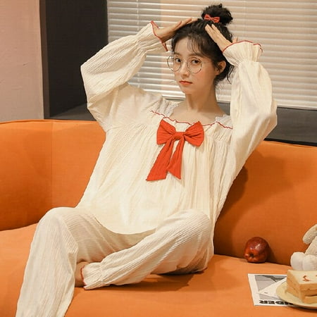 

DanceeMangoo New Arrivals Women Home Wear Spring Autumn Bow Long Sleeve Women Pajamas Set Long Pant Pyjamas Sets Pocket Cotton Sleepwear Set