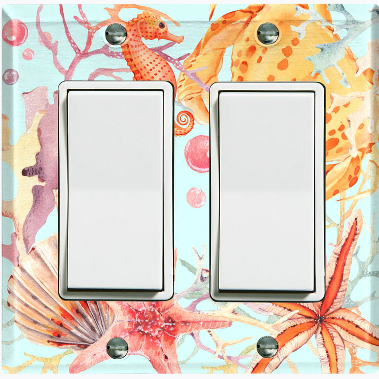 Metal Light Switch Wall Plate Outlet Cover (Ocean Star Fish Sea Shell Coral  Reef Clam Blue - Double Rocker) 
