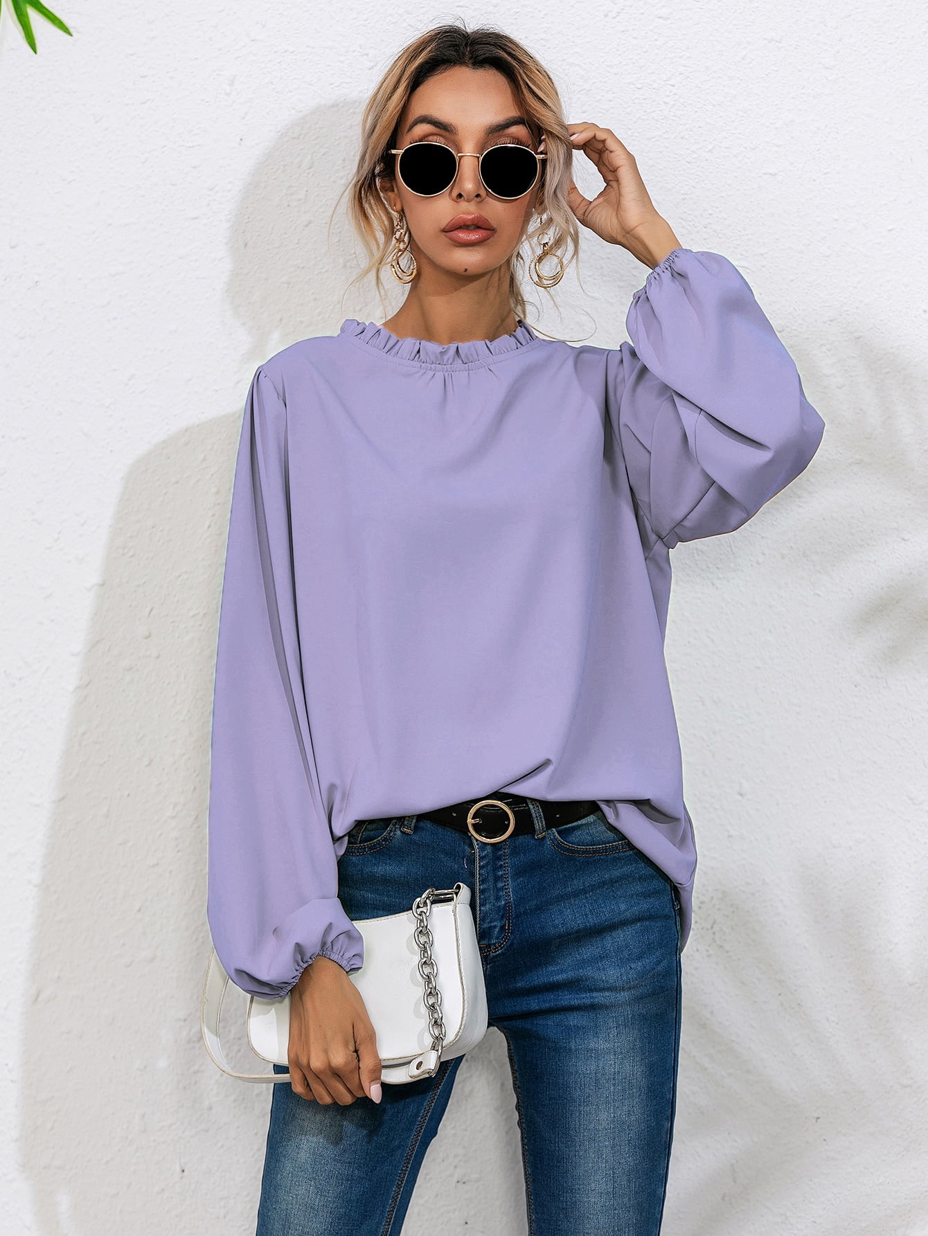 Frill Stand Neck Bishop Sleeve Long Sleeve Elegant Blouse Top Casual