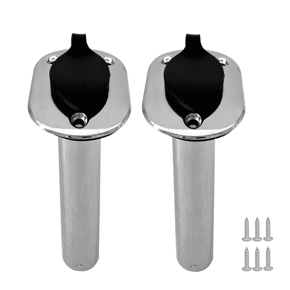 ISURE MARINE 2PCS Boat Stainless Steel Polished Fishing Rod Holder Flush Mount 90 Degree Casting Flange with Rubber Cap, Liner, Gasket PVC Cap and Inner Tube for Marine Yacht Kayak