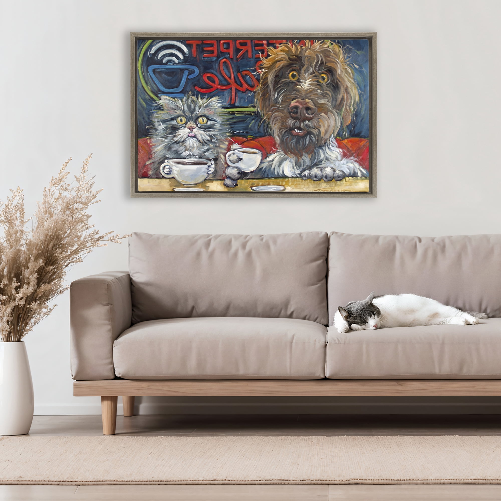 Stupell Industries Pets Wired At The Cafe Brown Framed Floater Canvas Wall Art, design by CR Townsend