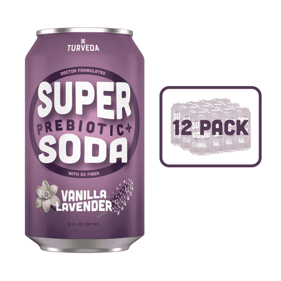 Turveda Super Soda Prebiotic Vanilla Modern Diet Soda, Sparkling Lavender Drink, Pop Soda ,12 Pack, 12 fl oz