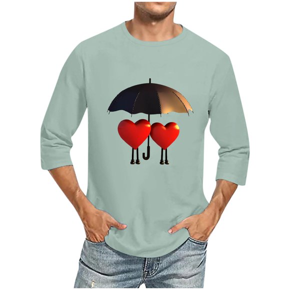 Camisas de Manga Larga para los Hombres Día de San Valentín Impresión Cuello Redondo Moda Casual, Mezcla de Poliéster de Lino de Algodón para Primavera Verano