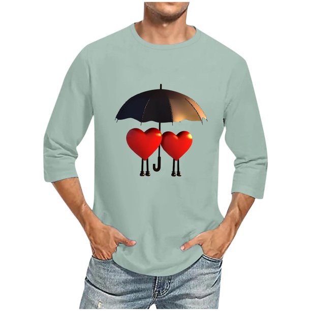 Camisas de Manga Larga para los Hombres Día de San Valentín Impresión Cuello Redondo Moda Casual, Mezcla de Poliéster de Lino de Algodón para Primavera Verano