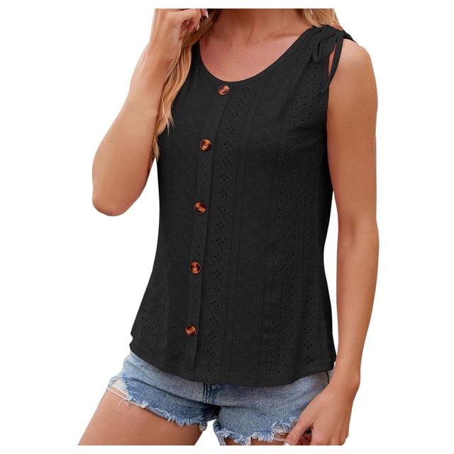 WEAIXIMIUNG White T Shirts for Women Fitted Women's Summer Solid Color Round Neck Button Drawstring Loose Vest Top
