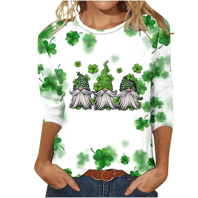 lcziwo T-Shirts de la Saint-Patrick pour Femmes Imprimé Vert Top Graphique Trèfle Irlandais Manches 3/4 Tops Printemps 2024 Blouses Col Rond Tunique Chanceuse T-Shirt Grande Taille,S-5TG XXXXL