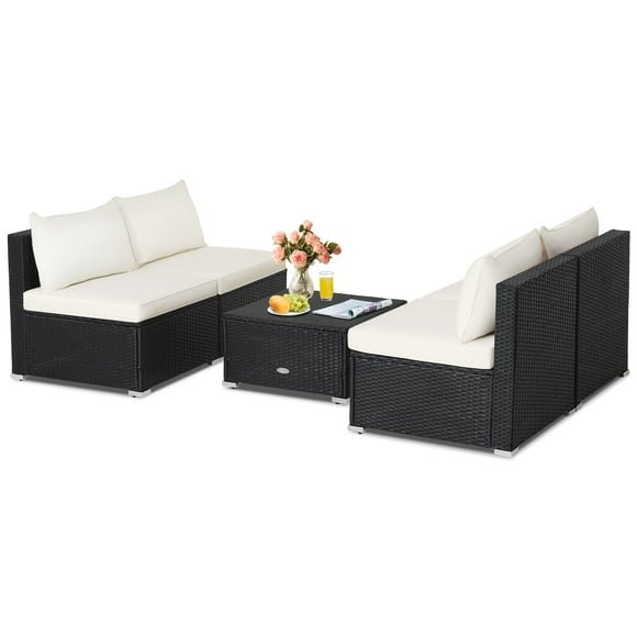 Patiojoy 5 Piece Patio Furniture Set Outdoor Rattan Sofa Set w/ Seat & Back Cushions Convenient Square Coffee Table