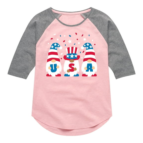 Instant Message - Fourth of July - USA Gnomes Celebrate - Toddler & Youth Girls Raglan Graphic T-Shirt