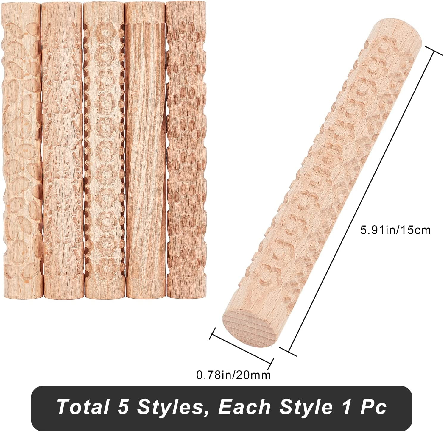 6 Pcs Wood Texture Rollers for Clay,Clay Modeling Pattern Rollers Kit, Star  Leaves Snowflake Flower Water Ripple Curve Pattern Clay Rolling