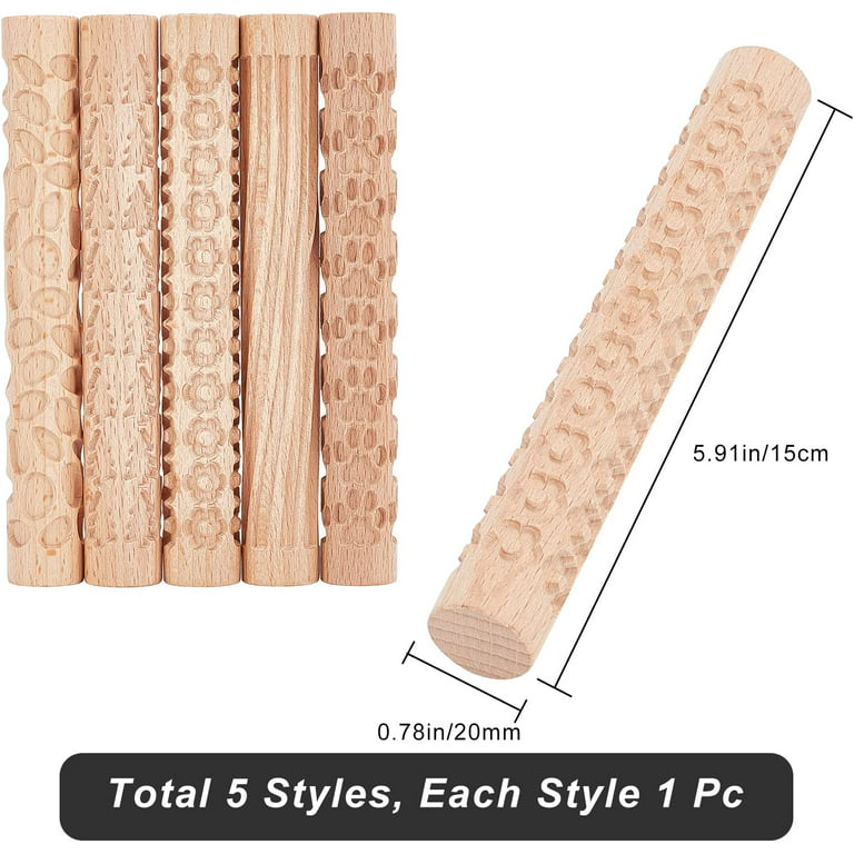 6 inch 5 Styles Wooden Handle Clay Texture Roller Modeling Pattern Pottery Tools Handmade Clay Slab Rollers Pins Leaves Wave Snowflake for Ceramics